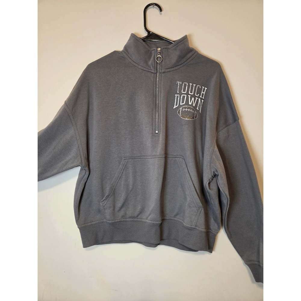 Cactus + Pearl Gray Touchdown Rhinestone Quarter Zip Pullover Sweatshirt Medium